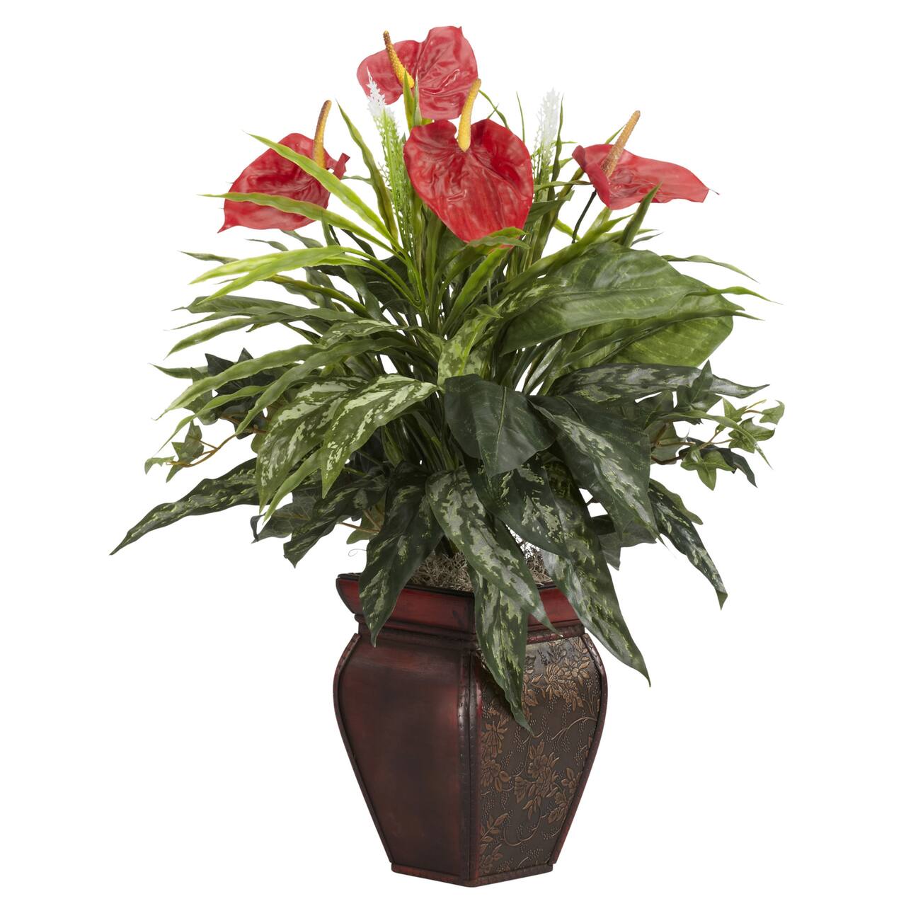 26" Artificial Mixed Greens & Anthurium Plant with Decorative Vase